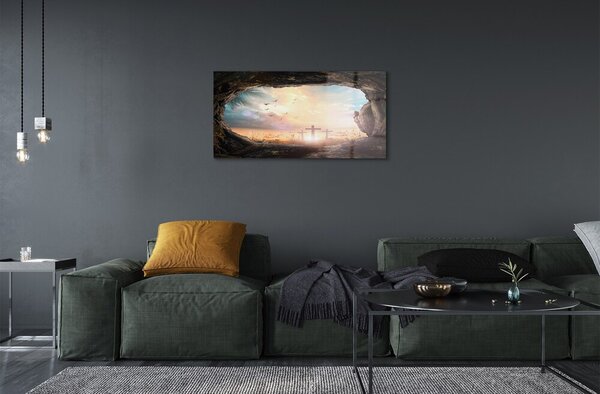 Quadro su vetro Grotta attraversa gli uccelli 100x50 cm 2 appendini