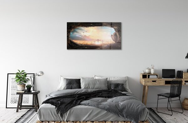 Quadro su vetro Grotta attraversa gli uccelli 100x50 cm 2 appendini