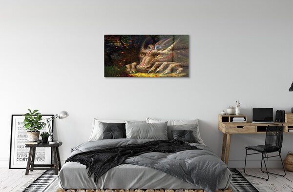 Quadro vetro Ragazza della foresta testa di drago 100x50 cm 2 appendini
