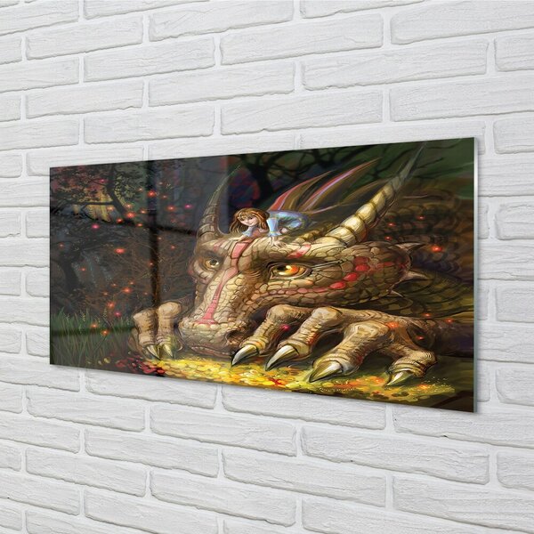 Quadro vetro Ragazza della foresta testa di drago 100x50 cm 2 appendini