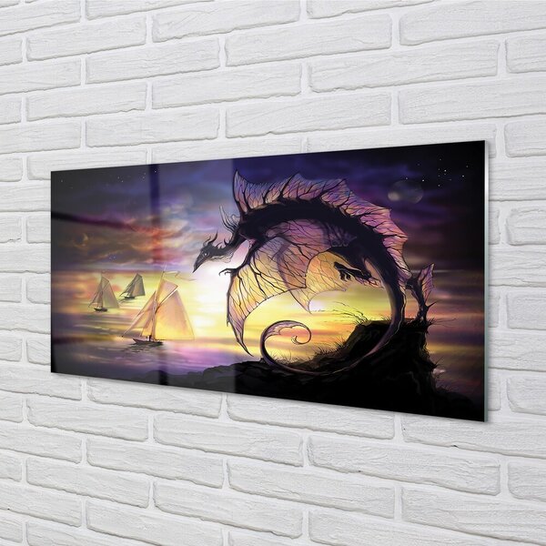 Quadro vetro Drago mare nuvola navi 100x50 cm 2 appendini