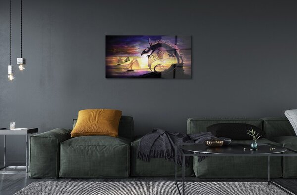 Quadro vetro Drago mare nuvola navi 100x50 cm 2 appendini