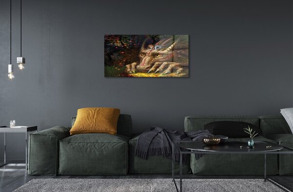 Quadro vetro Ragazza della foresta testa di drago 100x50 cm 2 appendini