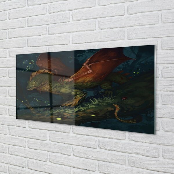 Quadro in vetro Drago verde nella foresta 100x50 cm 2 appendini