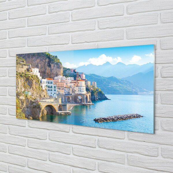 Quadro su vetro Italia edifici sulla costa del mare 100x50 cm 2 appendini