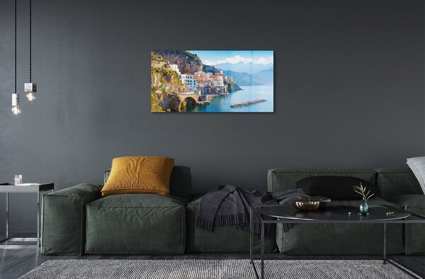 Quadro su vetro Italia edifici sulla costa del mare 100x50 cm 2 appendini
