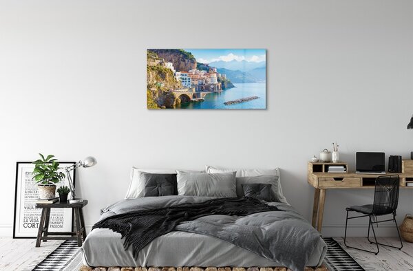 Quadro su vetro Italia edifici sulla costa del mare 100x50 cm 2 appendini