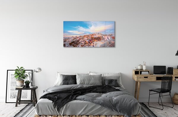 Quadro su vetro Grecia panorama città tramonto 100x50 cm 2 appendini