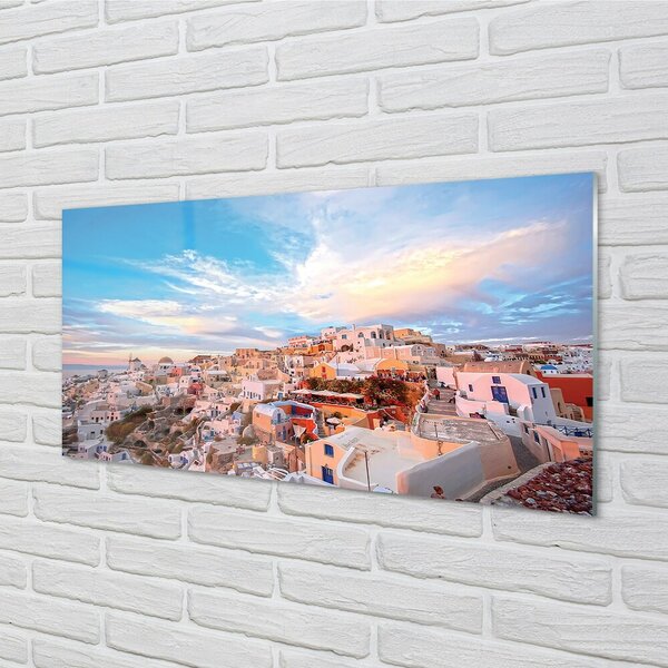 Quadro su vetro Grecia panorama città tramonto 100x50 cm 2 appendini
