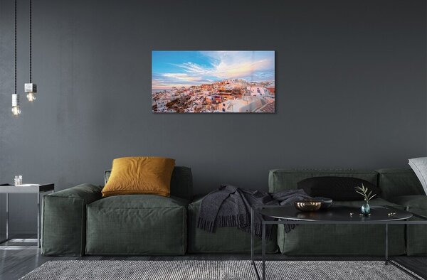 Quadro su vetro Grecia panorama città tramonto 100x50 cm 2 appendini