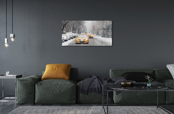 Quadro in vetro Auto invernali città della neve 100x50 cm 2 appendini