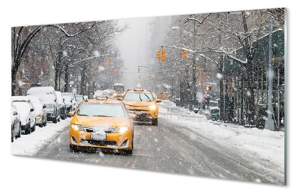 Quadro in vetro Auto invernali città della neve 100x50 cm