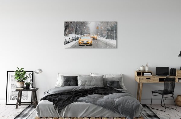 Quadro in vetro Auto invernali città della neve 100x50 cm 2 appendini