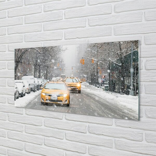 Quadro in vetro Auto invernali città della neve 100x50 cm 2 appendini