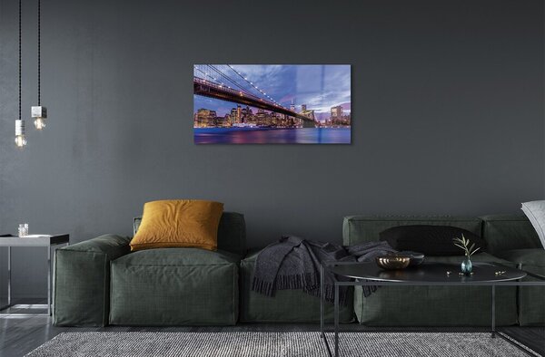 Quadro vetro Ponte grattacieli al tramonto 100x50 cm 2 appendini