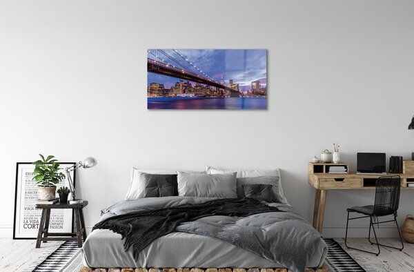 Quadro vetro Ponte grattacieli al tramonto 100x50 cm 2 appendini