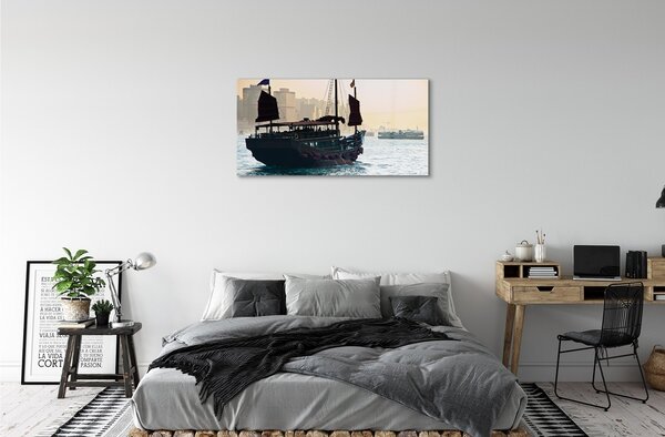 Quadro in vetro Nave mare città cielo 100x50 cm 2 appendini