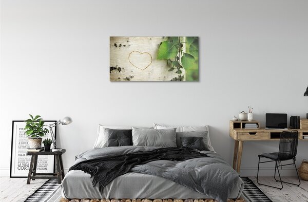 Quadro in vetro Cuore di foglie di betulla 100x50 cm 2 appendini
