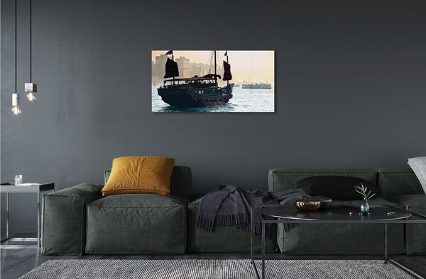 Quadro in vetro Nave mare città cielo 100x50 cm 2 appendini