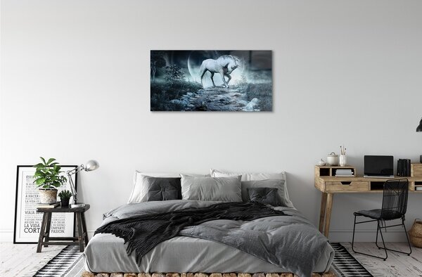 Quadro vetro Luna unicorno della foresta 100x50 cm 2 appendini