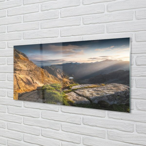 Quadro su vetro Alba in montagna 100x50 cm 2 appendini