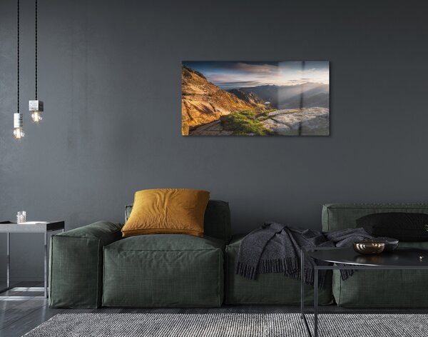 Quadro su vetro Alba in montagna 100x50 cm 2 appendini