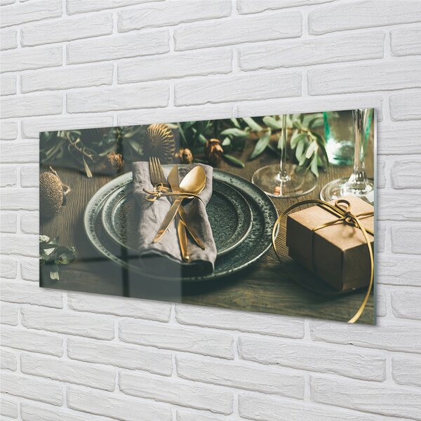 Quadro su vetro Piatti, posate e regali 100x50 cm 2 appendini