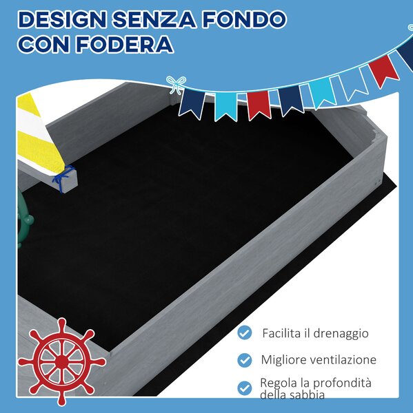 Outsunny Sabbiera Barca per Bambini 3-8 Anni, Gioco Esterno in Legno di Abete e Poliestere, Design Creativo, 190x90x138 cm.|Aosom