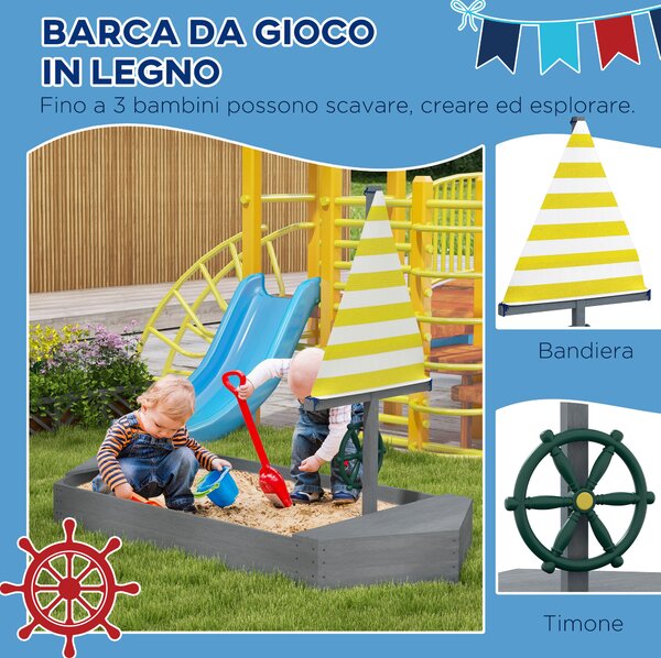 Outsunny Sabbiera Barca per Bambini 3-8 Anni, Gioco Esterno in Legno di Abete e Poliestere, Design Creativo, 190x90x138 cm.|Aosom