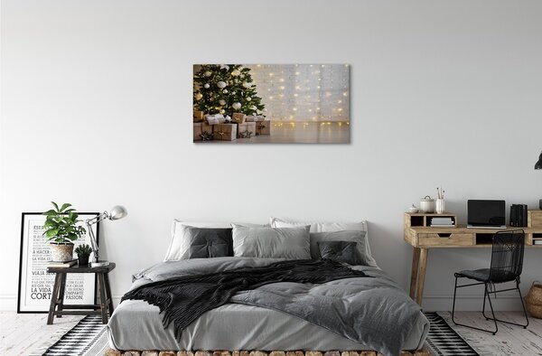Quadro di vetro Alberi di natale, decorazioni e regali 100x50 cm 2 appendini