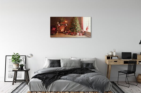 Quadro in vetro Camino albero di natale regali luci 100x50 cm 2 appendini
