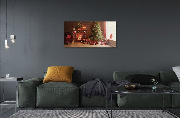 Quadro in vetro Camino albero di natale regali luci 100x50 cm 2 appendini