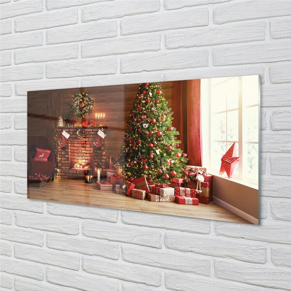 Quadro in vetro Camino albero di natale regali luci 100x50 cm 2 appendini