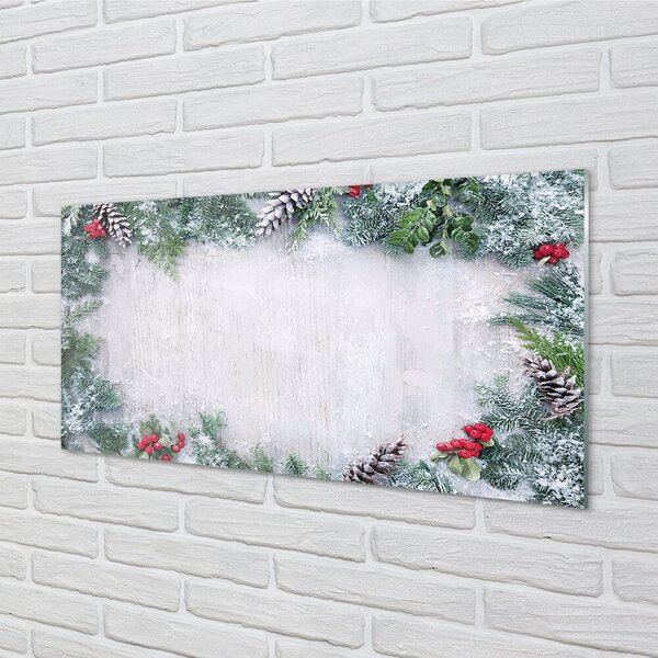 Quadro di vetro Coni di neve ramoscelli 100x50 cm 2 appendini