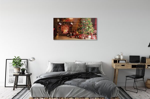 Quadro in vetro Camino albero di natale regali luci 100x50 cm 2 appendini