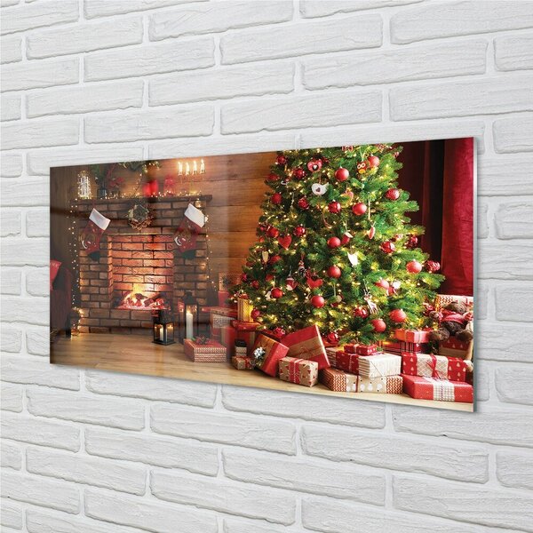 Quadro in vetro Camino albero di natale regali luci 100x50 cm 2 appendini