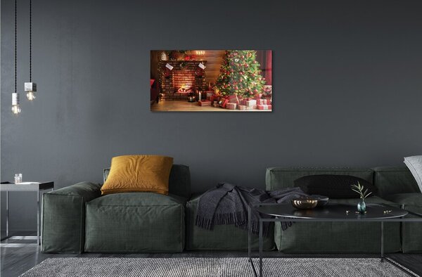 Quadro in vetro Camino albero di natale regali luci 100x50 cm 2 appendini