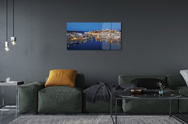 Quadro vetro Grecia città costiera notturna 100x50 cm 2 appendini