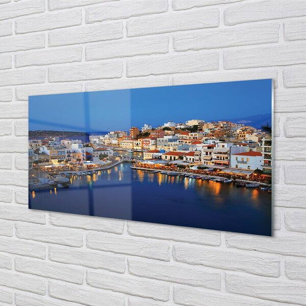 Quadro vetro Grecia città costiera notturna 100x50 cm 2 appendini