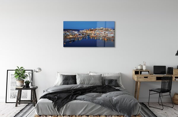 Quadro vetro Grecia città costiera notturna 100x50 cm 2 appendini