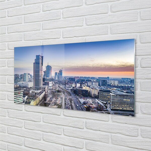 Quadro in vetro Varsavia panorama grattacieli alba 100x50 cm 2 appendini