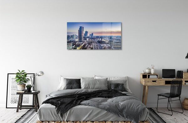 Quadro in vetro Varsavia panorama grattacieli alba 100x50 cm 2 appendini