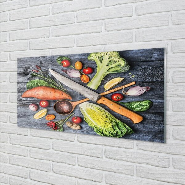 Quadro vetro Coltello patate dolci pomodori spinaci 100x50 cm 2 appendini
