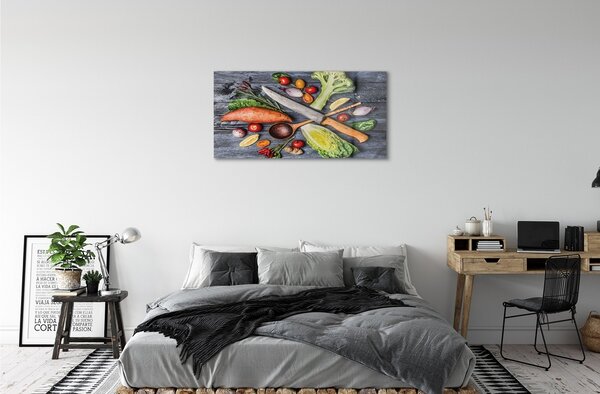 Quadro vetro Coltello patate dolci pomodori spinaci 100x50 cm 2 appendini