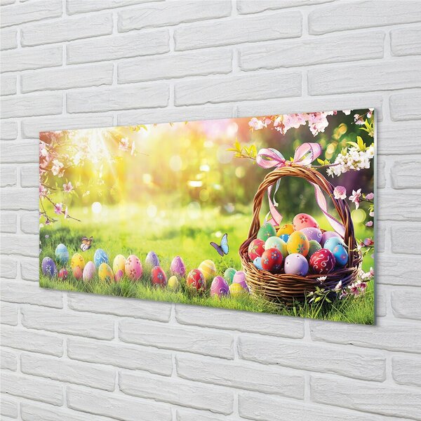 Quadro di vetro Cesto d'uovo fiori prato 100x50 cm 2 appendini