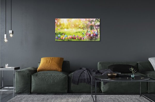 Quadro di vetro Cesto d'uovo fiori prato 100x50 cm 2 appendini