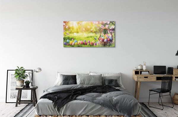 Quadro di vetro Cesto d'uovo fiori prato 100x50 cm 2 appendini