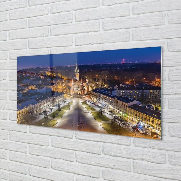 Quadro in vetro Panorama della chiesa notturna di cracovia 100x50 cm 2 appendini