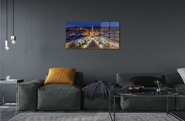 Quadro in vetro Panorama della chiesa notturna di cracovia 100x50 cm 2 appendini