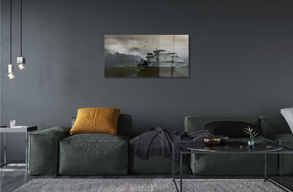 Quadro in vetro Montagna nave mare 100x50 cm 2 appendini